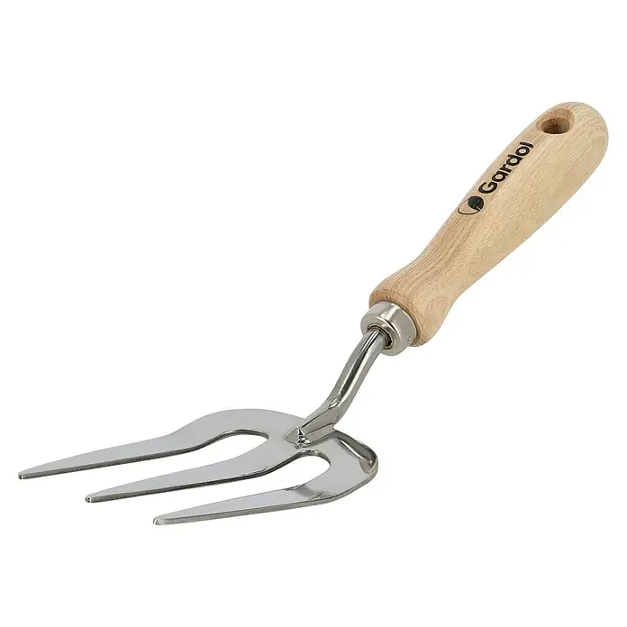 Gardol Spatengabel - Anzahl Zinken: 3 Stk. - Gardol Handgrabegabel mit Holzgriff und drei silbernen Metallzinken.