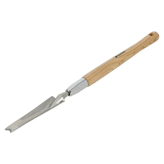 Gardol Unkrautstecher - Länge: 56 cm, Esche, Edelstahl - Gardoo Gartenschaufel mit hellem Holzgriff und glänzender Metallkelle.