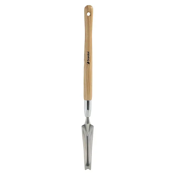 Gardol Unkrautstecher - Länge: 56 cm, Esche, Edelstahl - Eine Gartenkelle mit hellem Holzgriff und silberner Metallschaufel, mit Aufhängeloch und Gardol-Logo.