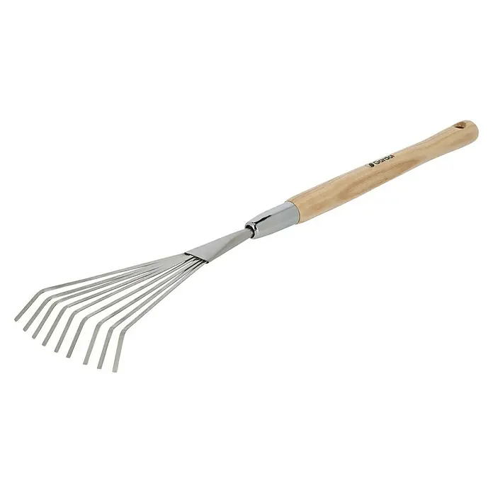 Gardol Gartenrechen - Anzahl Zinken: 9 Stk. - Kleine Handharke mit hellem Holzgriff und silbernen Metallzinken, für Gartenarbeiten.