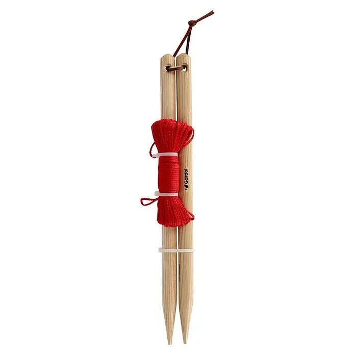Gardol Gartenschnur - Länge: 4,2 m - Zwei Holzpflöcke mit roter Schnur und braunem Lederband, für Gartenarbeiten.