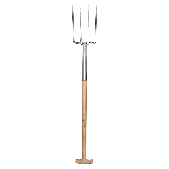 Gardol Spatengabel - Anzahl Zinken: 4 Stk., Esche, Edelstahl - Eine vierzinkige Gartengrabegabel mit silbernem Metallkopf und -kragen sowie einem Naturholzstiel mit T-Griff.