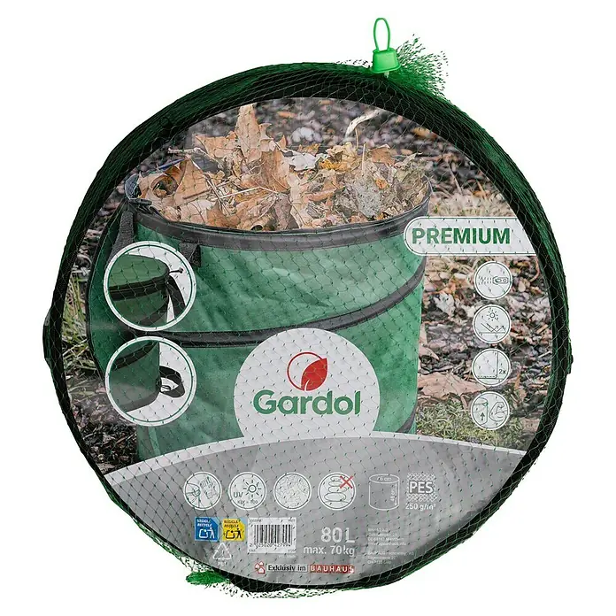Gardol Premium Pop-Up Gartenabfallsack - 80 l, Ø x H: 46 x 48 cm - Grüner zusammenklappbarer Gartenabfallsack, gefüllt mit trockenen Blättern, bedeckt von einem grünen Schutznetz.