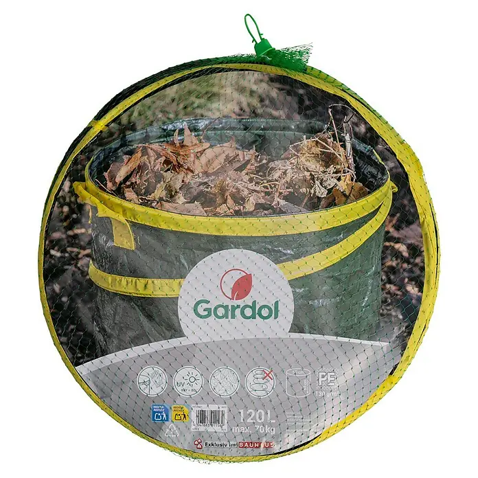 Gardol Pop-Up Gartenabfallsack - 120 l, Höhe: 60 cm, Durchmesser: 50 cm - Faltbarer grüner und gelber Gartenabfallsack mit Netz, gefüllt mit trockenen Blättern.