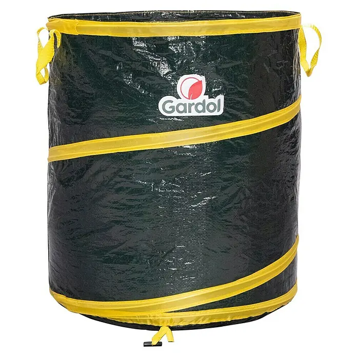 Gardol Pop-Up Gartenabfallsack - 80 l, Höhe: 48 cm, Durchmesser: 46 cm - Dunkelgrüner Gartensack mit gelben Streifen und Griffen, mit Gardol-Logo.