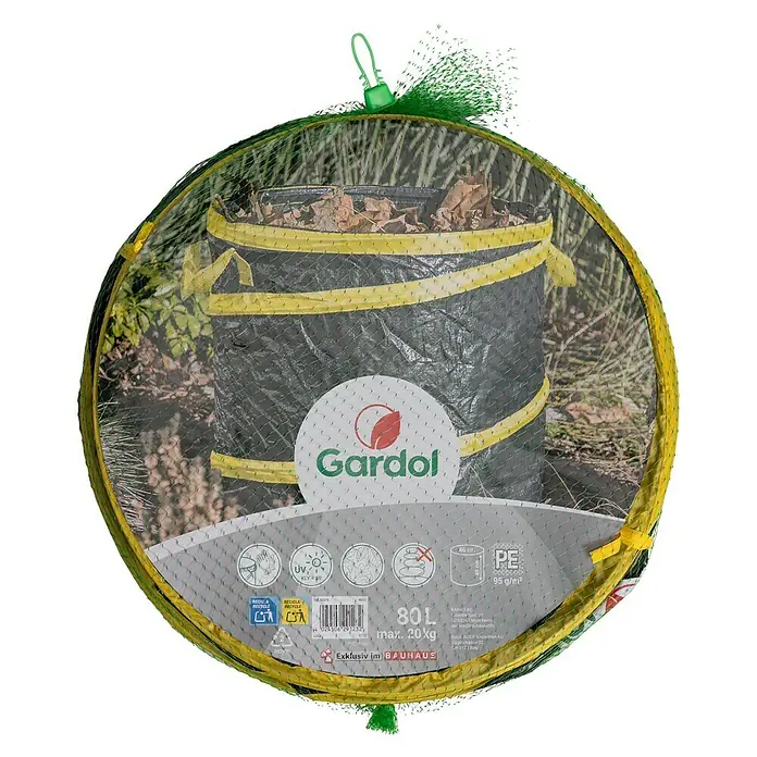 Gardol Pop-Up Gartenabfallsack - 80 l, Höhe: 48 cm, Durchmesser: 46 cm - Gardol faltbarer Gartensack (80L, max. 20kg), dunkelgrau mit gelben Bändern, mit grünem Netz überzogen, gefüllt mit Blättern.