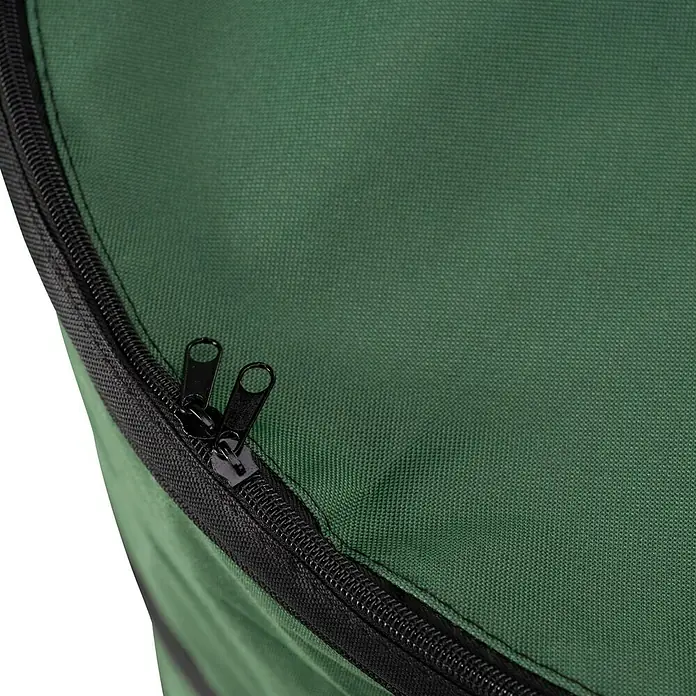 Gardol Premium Pop-Up Gartenabfallsack - 80 l, Ø x H: 46 x 48 cm - Grüne Stofftasche mit schwarzem Reißverschluss. Nahaufnahme des robusten Materials und des stabilen Zwei-Wege-Reißverschlusses.