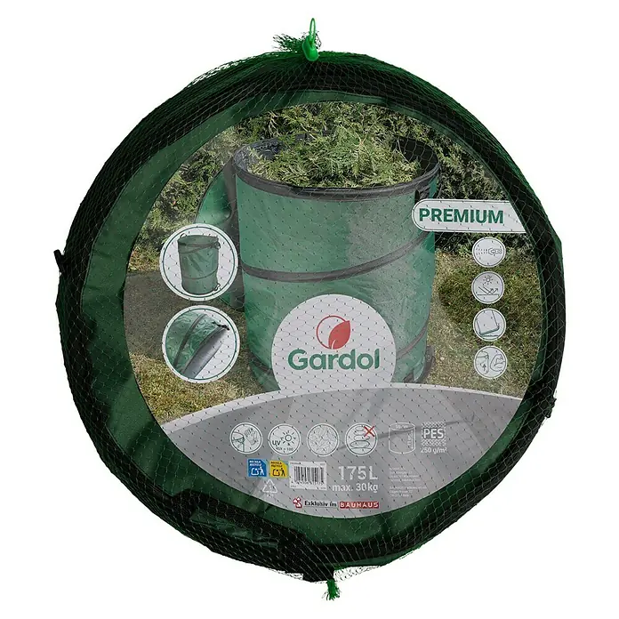 Gardol Premium Pop-Up Gartenabfallsack - 175 l, Ø x H: 56 x 71 cm - Grüner aufklappbarer Gartenabfallsack mit Netzabdeckung, gefüllt mit Gartenschnittgut, in einer Gartenumgebung.