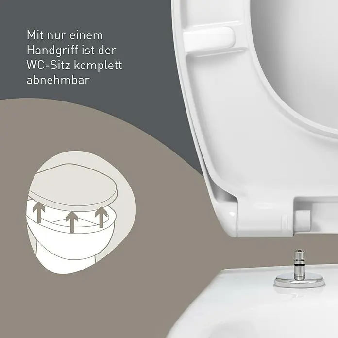 Camargue Rio WC-Sitz 2.0 - Duroplast, Weiß, Mit Absenkautomatik - Weißer WC-Sitz mit Schnellverschlussfunktion, teilgeöffnet, Illustration der einfachen Abnahme.
