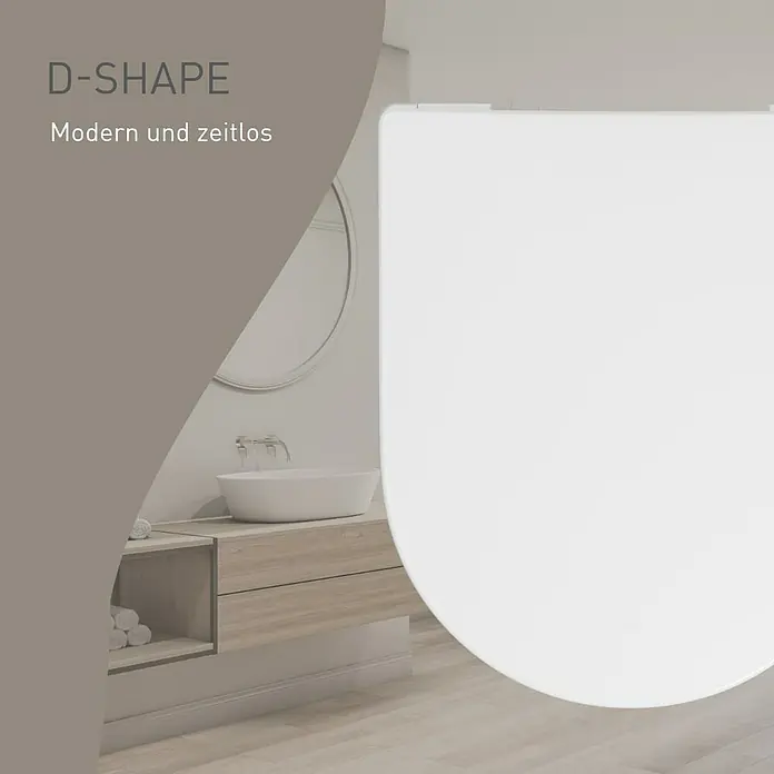 Camargue Pico WC-Sitz 4.0 - Duroplast, Weiß, Mit Absenkautomatik - Weißer D-förmiger Toilettensitz in einem modernen Badezimmer.