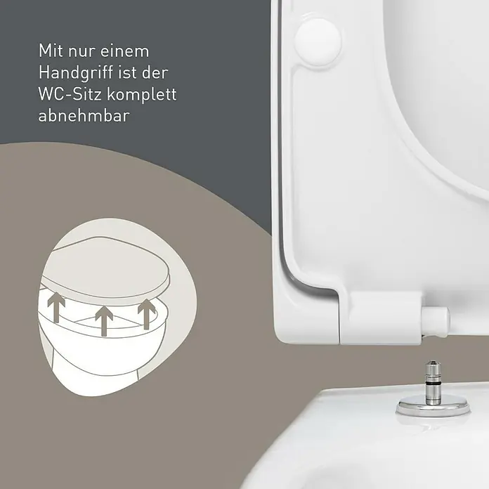 Camargue New York WC-Sitz 3.0 - Duroplast, Weiß, Mit Absenkautomatik - Weißer WC-Sitz mit Schnellverschlussfunktion, komplett abnehmbar. Eine Abbildung zeigt die leichte Demontage.
