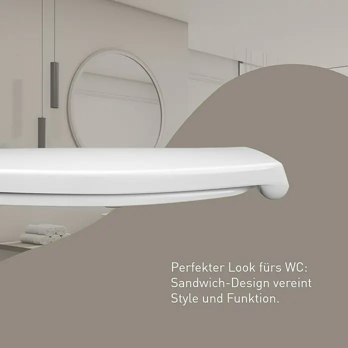 Camargue Rio WC-Sitz 2.0 - Duroplast, Weiß, Mit Absenkautomatik - Weißer WC-Sitzdeckel im modernen Sandwich-Design in einem Badezimmer.