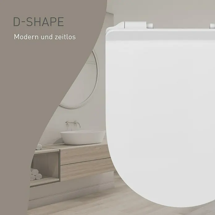 Camargue WC-Sitz Rom 2.0 - Duroplast, Weiß, Mit Absenkautomatik - Weißer D-förmiger Toilettensitz in einem modernen Badezimmer.