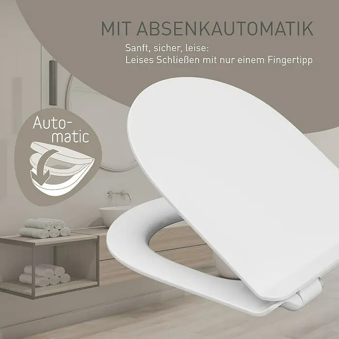 Camargue WC-Sitz Rom 2.0 - Duroplast, Weiß, Mit Absenkautomatik - Weißer Toilettensitz mit automatischer Absenkfunktion, dargestellt in einem modernen Badezimmer.