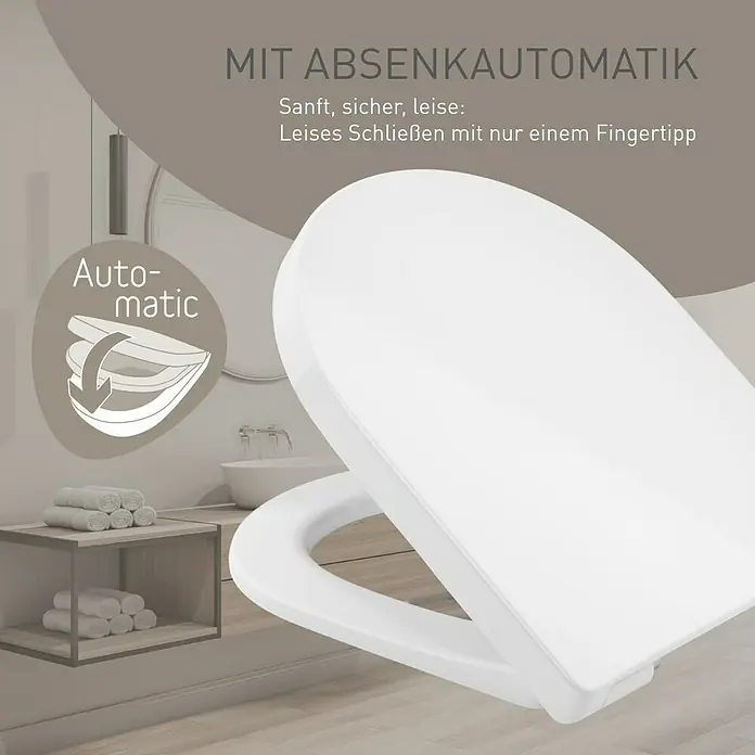 Camargue Pico WC-Sitz 4.0 - Duroplast, Weiß, Mit Absenkautomatik - Weißer Toilettensitz mit Absenkautomatik, geöffnet in einem Badezimmer dargestellt.