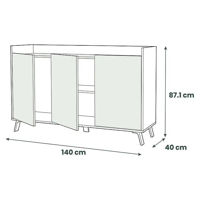 Meka Block Conjunto mueble de salón K-50 - 2 pzs., Blanco Poro/Roble Aurora - Aparador gris claro moderno con tres compartimentos y patas cónicas.
