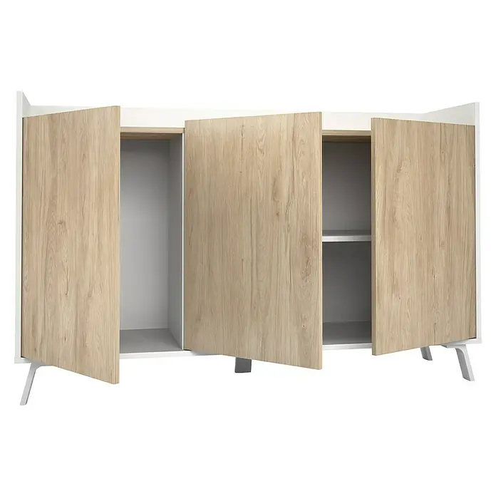 Meka Block Conjunto mueble de salón K-50 - 2 pzs., Blanco Poro/Roble Aurora - Armario de madera clara con marco y patas blancas, tres puertas abiertas, mostrando compartimentos y estantes interiores.