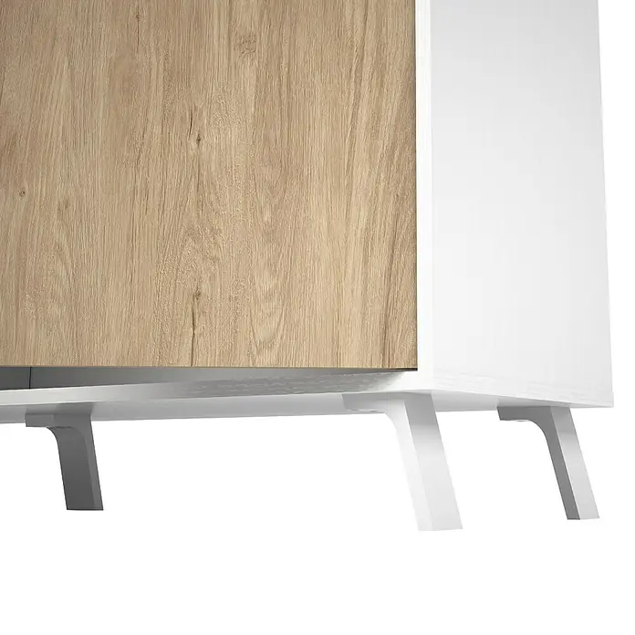 Meka Block Conjunto mueble de salón K-50 - 2 pzs., Blanco Poro/Roble Aurora - Mueble moderno con panel frontal de madera clara y lateral blanco, apoyado sobre patas blancas anguladas.
