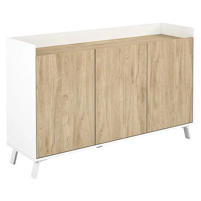 Meka Block Conjunto mueble de salón K-50 - 2 pzs., Blanco Poro/Roble Aurora - Aparador blanco con tres puertas efecto madera clara y patas blancas cortas.