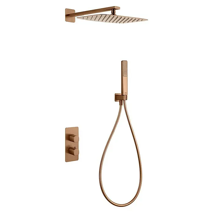 Camargue Bolonia Sistema de ducha empotrado - Con grifo termostático, Oro rosa, Latón - Conjunto de ducha moderno color oro rosa con cabezal de lluvia cuadrado, ducha de mano y panel de control.