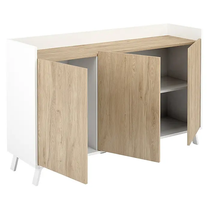 Meka Block Conjunto mueble de salón K-50 - 2 pzs., Blanco Poro/Roble Aurora - Aparador blanco y madera clara con dos puertas abiertas, revelando estantes internos, sobre patas blancas.