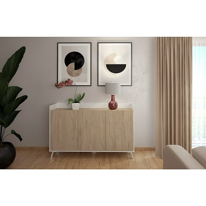 Meka Block Aparador K-504 (L x An x Al: 40 x 140 x 87,1 cm, Blanco Poro/Roble Aurora, Número de puertas: 3 ud.) | BAUHAUS