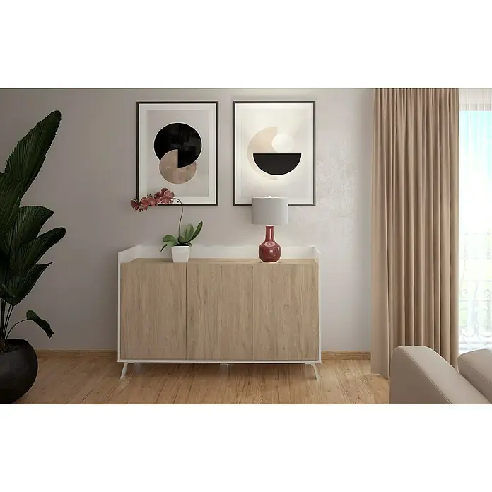 Meka Block Conjunto mueble de salón K-50 - 2 pzs., Blanco Poro/Roble Aurora - Aparador moderno de madera clara con marco y patas cónicas blancas, en una sala de estar.