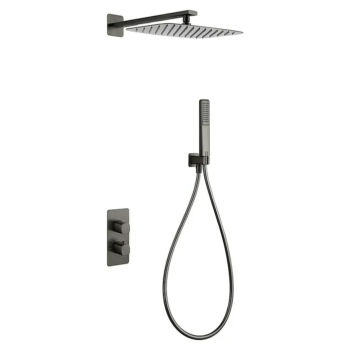 Camargue Bolonia Sistema de ducha empotrado - Con grifo termostático, Black gun, Latón - Sistema de ducha completo gris oscuro con rociador cuadrado, ducha de mano y mezclador termostático.