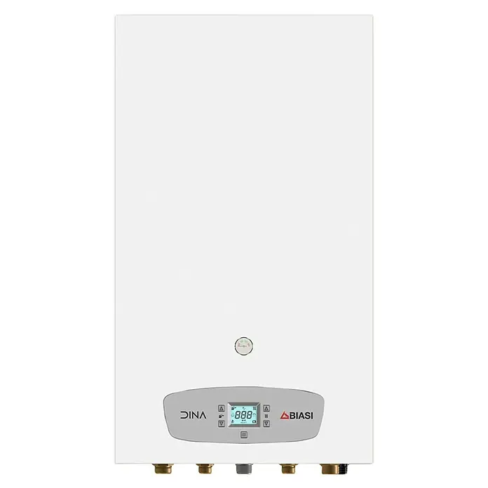 Caldera Dinatech 25 - 21 kW, 7 l, Display multifunción - Caldera mural blanca con panel de control digital gris y accesorios de latón.