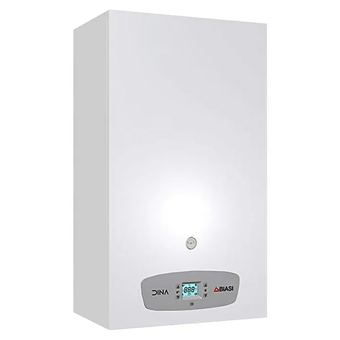 Caldera Dinatech 25 - 21 kW, 7 l, Display multifunción - Caldera mural blanca con panel de control gris, pantalla digital y manómetro redondo.