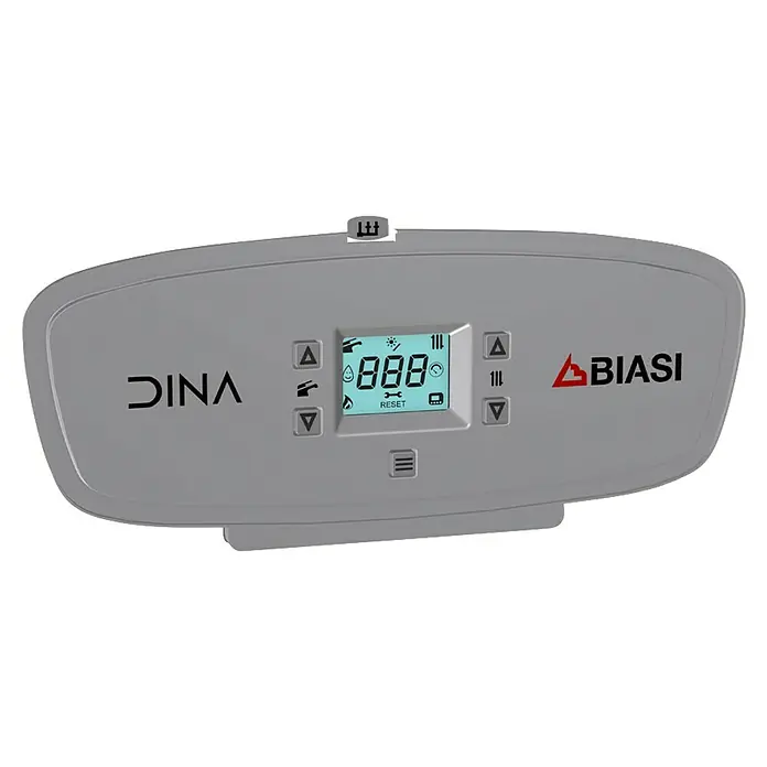 Caldera Dinatech 25 - 21 kW, 7 l, Display multifunción - Panel de control digital ovalado gris con pantalla LCD que muestra números e iconos, y varios botones. Marcas DINA y BIASI.