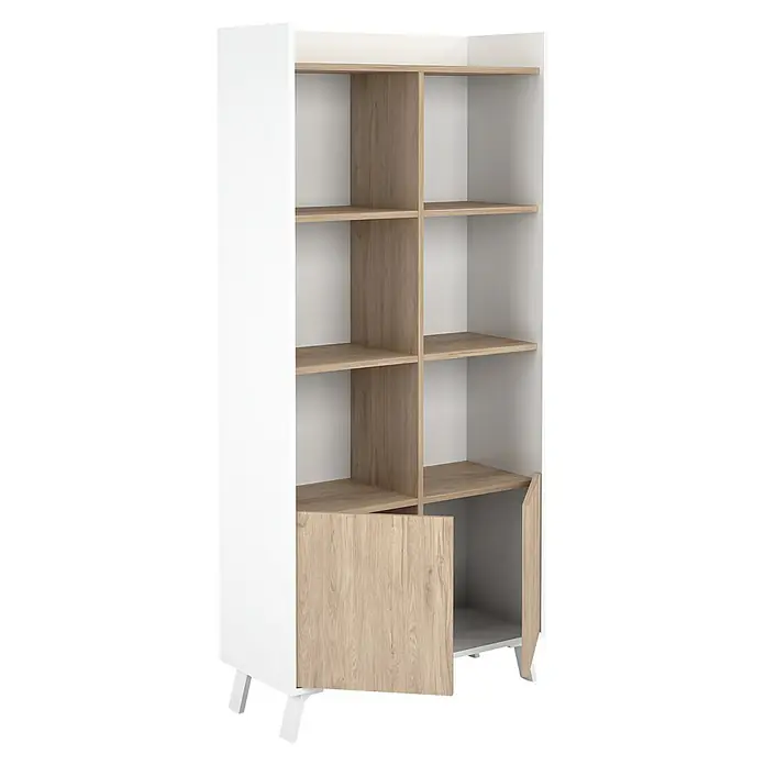 Meka Block Conjunto mueble de salón K-50 - 2 pzs., Blanco Poro/Roble Aurora - Estantería blanca y de madera clara con baldas abiertas y armario con puerta semiabierta sobre patas blancas.