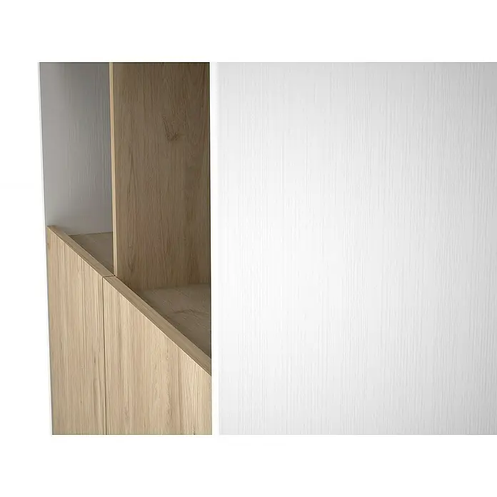 Meka Block Conjunto mueble de salón K-50 - 2 pzs., Blanco Poro/Roble Aurora - Armario de roble claro y blanco texturizado con estantes.