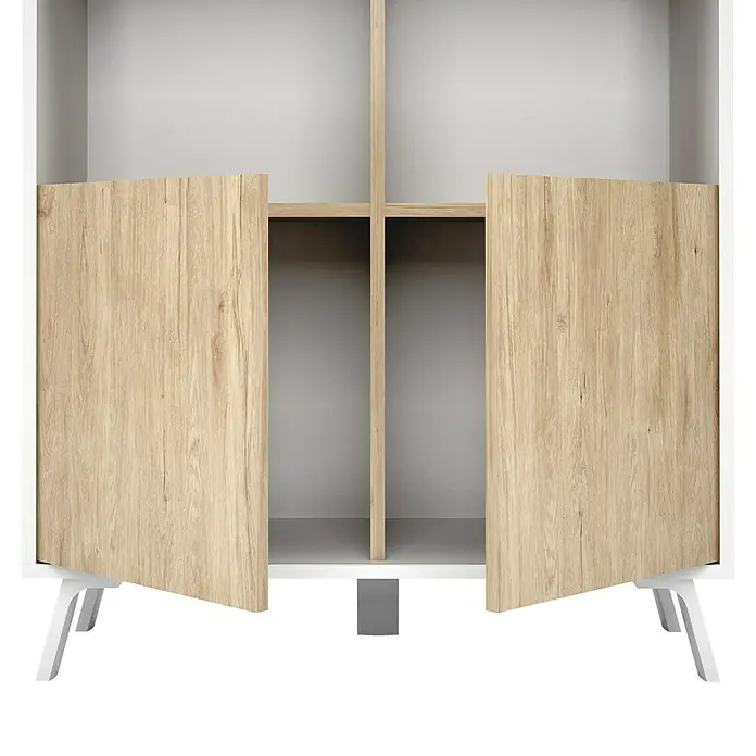 Meka Block Conjunto mueble de salón K-50 - 2 pzs., Blanco Poro/Roble Aurora - Armario abierto con puertas de madera clara, estructura y patas blancas, que muestra un interior gris con estantes.