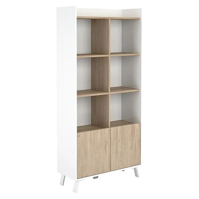 Meka Block Conjunto mueble de salón K-50 - 2 pzs., Blanco Poro/Roble Aurora - Estantería bicolor moderna con estructura blanca, estantes de efecto madera clara y dos armarios cerrados, sobre patas blancas.