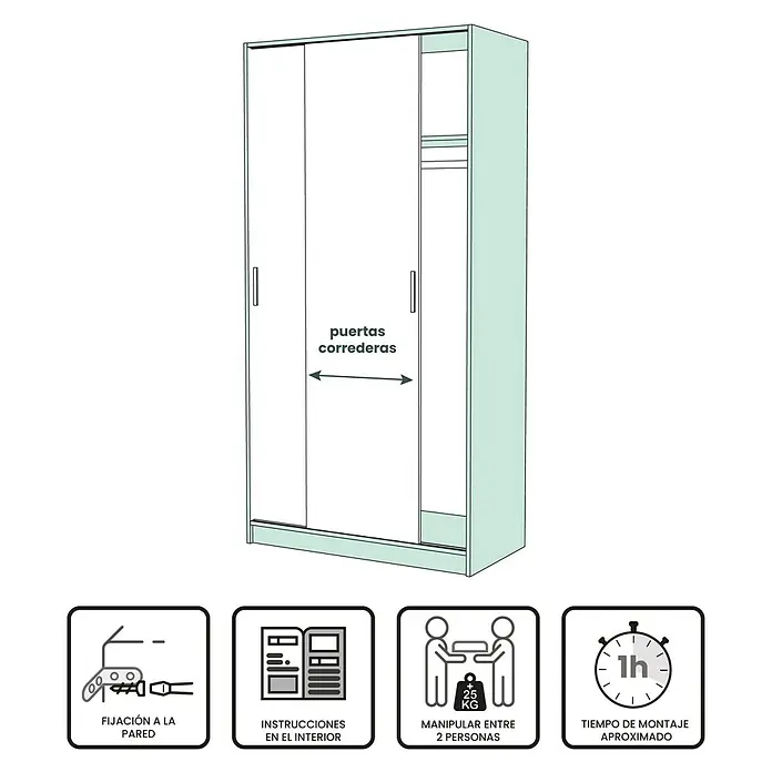 Meka Block Armario de puertas correderas K-511 - L x An x Al: 50 x 100 x 200 cm, Blanco Liso/Roble Cortez - Armario verde claro con puertas correderas blancas, iconos de montaje debajo.