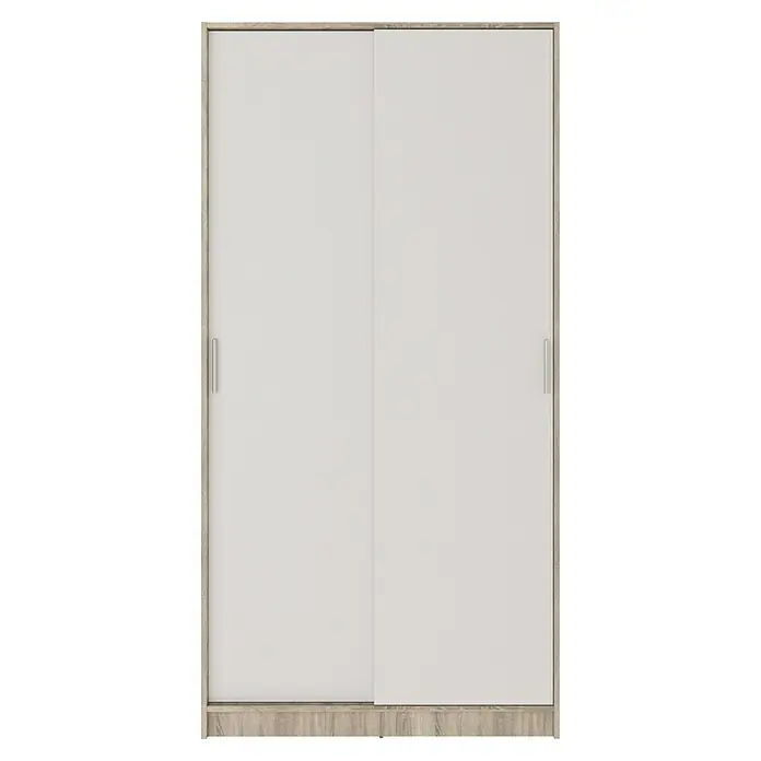 Meka Block Armario de puertas correderas K-511 - L x An x Al: 50 x 100 x 200 cm, Blanco Liso/Roble Cortez - Armario de puertas correderas con dos puertas blancas y marco efecto madera clara.