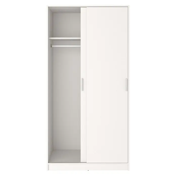 Meka Block Armario de puertas correderas K-511 - L x An x Al: 50 x 100 x 200 cm, Blanco Liso - Armario blanco con puertas correderas, una abierta que revela una estantería y una barra para colgar.