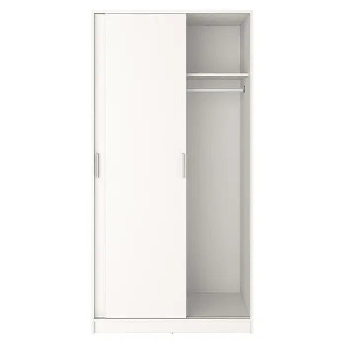 Meka Block Armario de puertas correderas K-511 - L x An x Al: 50 x 100 x 200 cm, Blanco Liso - Armario blanco de puertas correderas con una puerta abierta, revelando estante y barra.