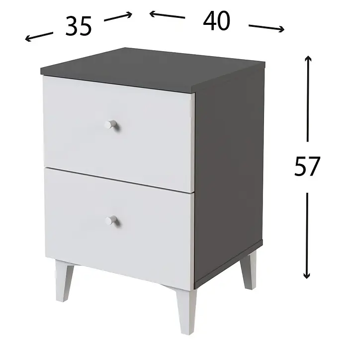 Meka Block Cómoda con mesitas de noche París - 3 pzs., Gris París/Blanco Liso - Mesita de noche bicolor con dos cajones blancos y estructura gris oscuro. Medidas: Ancho 40cm, Fondo 35cm, Alto 57cm.
