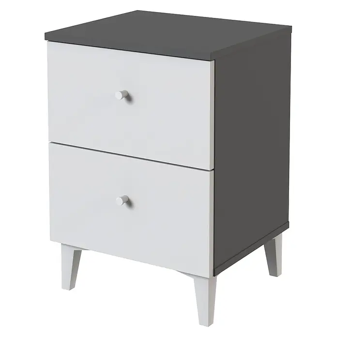 Meka Block Cómoda con mesitas de noche París - 3 pzs., Gris París/Blanco Liso - Mesita de noche con dos cajones, tapa y laterales gris oscuro, frentes de cajones y patas blancos.
