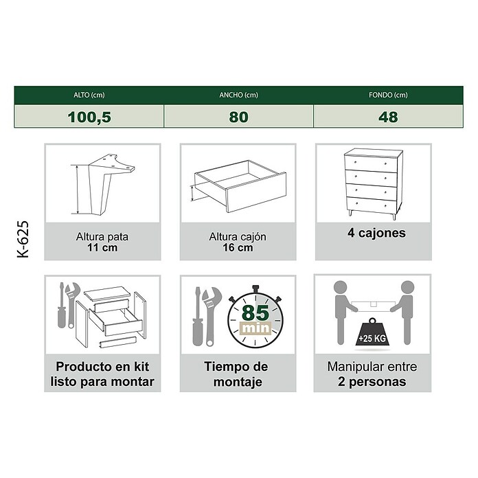 Meka Block Cómoda París (L x An x Al: 48 x 80,2 x 100,4 cm, Gris París/Blanco Liso, Número de cajones: 4 ud.) | BAUHAUS