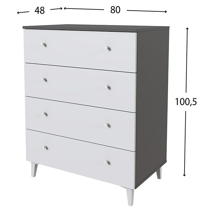 Meka Block Cómoda París (L x An x Al: 48 x 80,2 x 100,4 cm, Gris París/Blanco Liso, Número de cajones: 4 ud.) | BAUHAUS