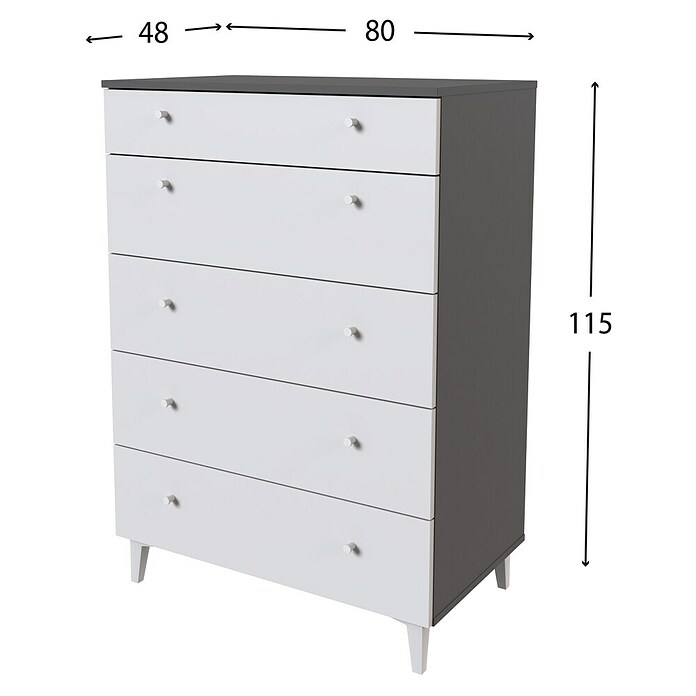 Meka Block Cómoda París (L x An x Al: 48 x 80,2 x 114,6 cm, Gris París/Blanco Liso, Número de cajones: 5 ud.) | BAUHAUS