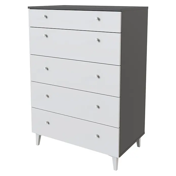 Meka Block Cómoda París - L x An x Al: 48 x 80,2 x 114,6 cm, Gris París/Blanco Liso, Número de cajones: 5 ud. - Cómoda blanca de seis cajones con la parte superior y los lados gris oscuro, con tiradores redondos blancos y patas cónicas.