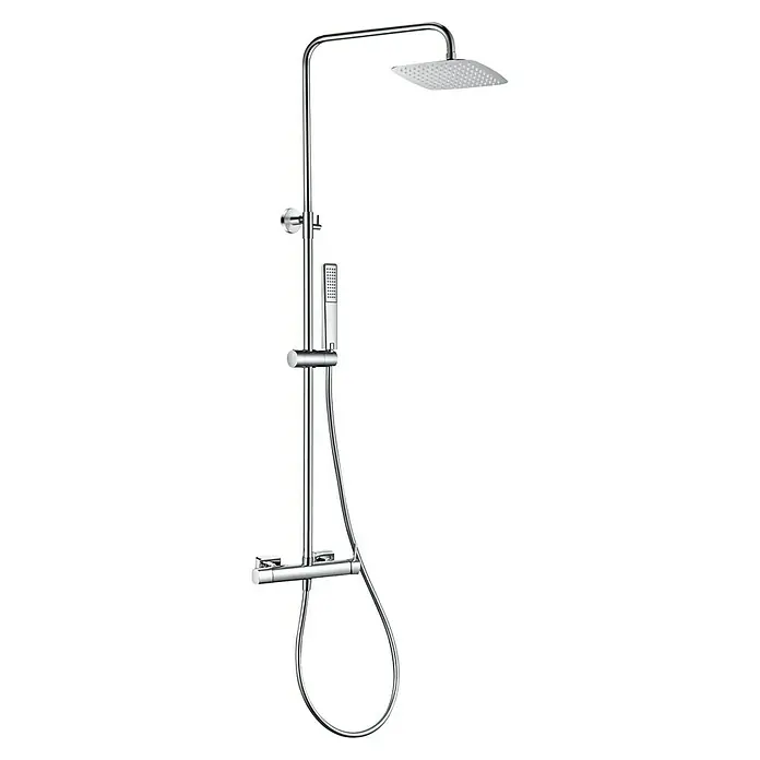 Camargue Bolonia Sistema de ducha - Con grifo monomando, Cromo, Acero inoxidable - Sistema de ducha cromado con rociador de lluvia cuadrado, ducha de mano rectangular, manguera flexible y mezclador termostático.