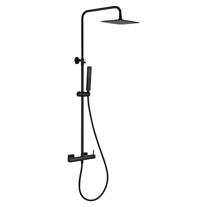 Camargue Bolonia Sistema de ducha - Con grifo monomando, Negro, Acero inoxidable - Sistema de ducha negro mate con rociador cuadrado, ducha de mano, flexo y grifo termostático integrado.