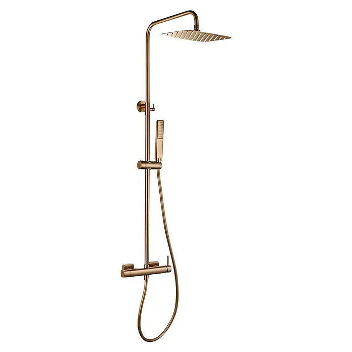 Camargue Bolonia Sistema de ducha - Con grifo monomando, Oro rosa, Acero inoxidable - Sistema de ducha oro cepillado con cabezal de lluvia cuadrado, ducha de mano y válvula mezcladora.