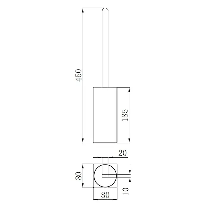 Escobillero de suelo Urban - Altura: 45 cm, Acero inoxidable, Cromado - Dibujo técnico de un cepillo de limpieza con mango cilíndrico y soporte cuadrado. Altura total 450mm, altura soporte 185mm, base 80x80mm.