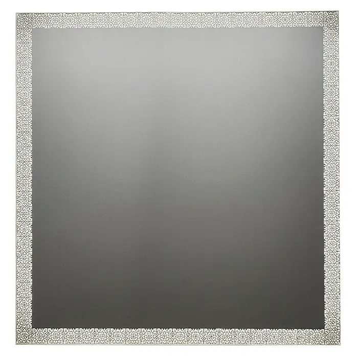 Espejo con luz Alhambra - 80 x 80 cm, Acero - Espejo cuadrado con marco plateado de patrón geométrico.
